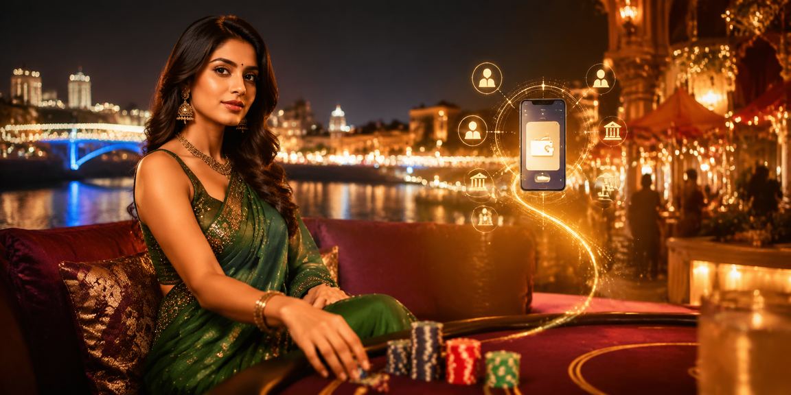 Ahmedabad riverfront with mobile payment in traditional attire