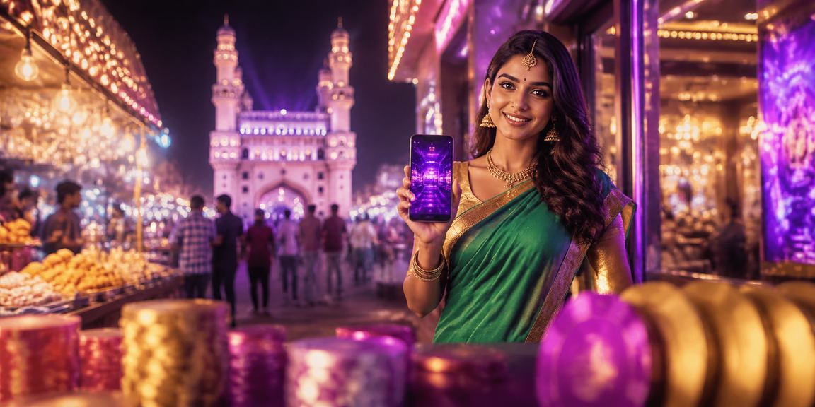 Indian player in saree using 2roti casino app near Hyderabad Charminar monument